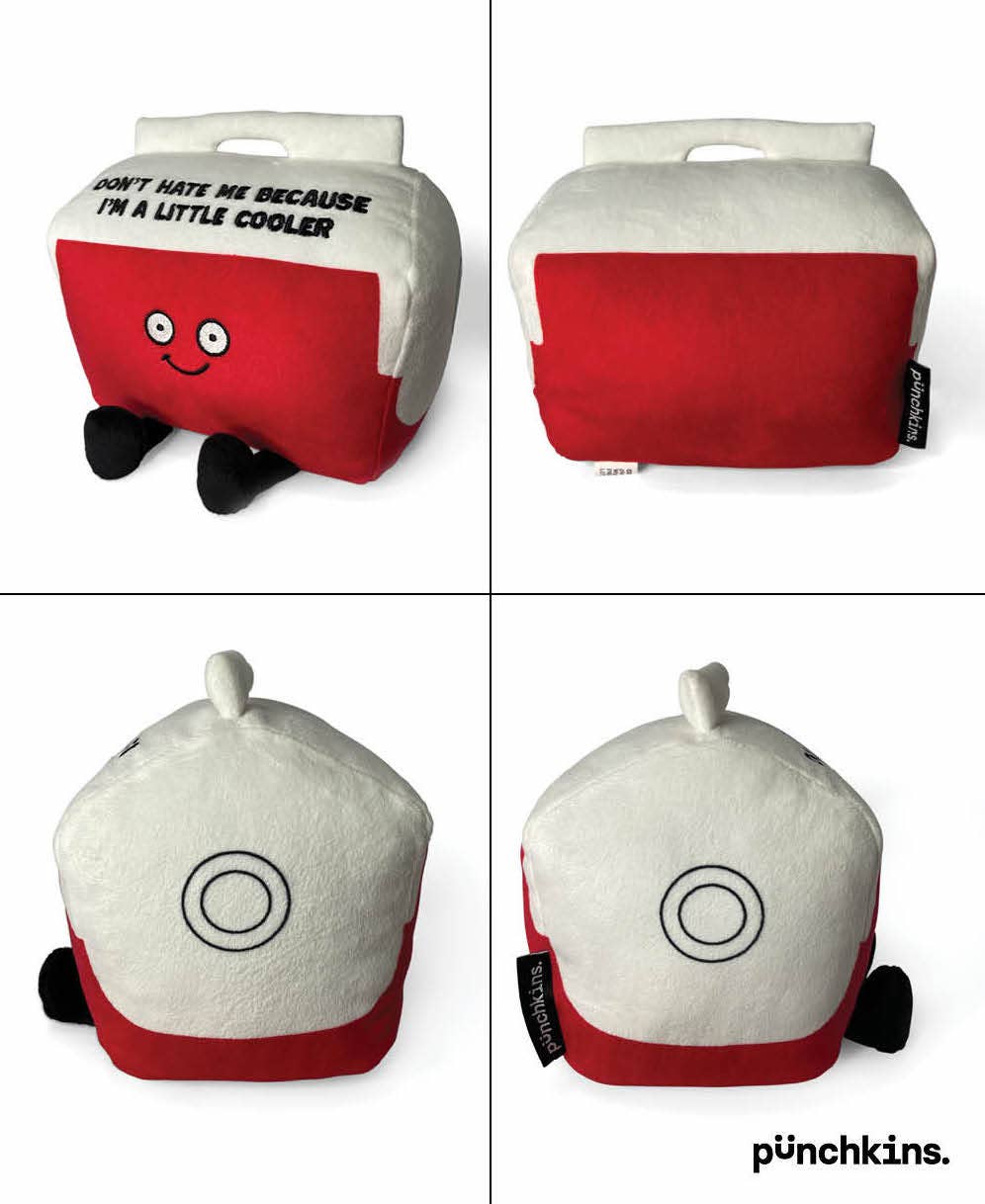 A set of four images showcasing a red and white cooler plush from different angles. The top left image displays the front, featuring black embroidered text on the white lid that reads, 'Don't hate me because I'm a little cooler,' with a smiling face on the red section and black legs sticking out from the bottom. The top right image shows the back of the plush. The bottom left and bottom right images highlight the sides of the cooler, each featuring two black circles on the white lid.