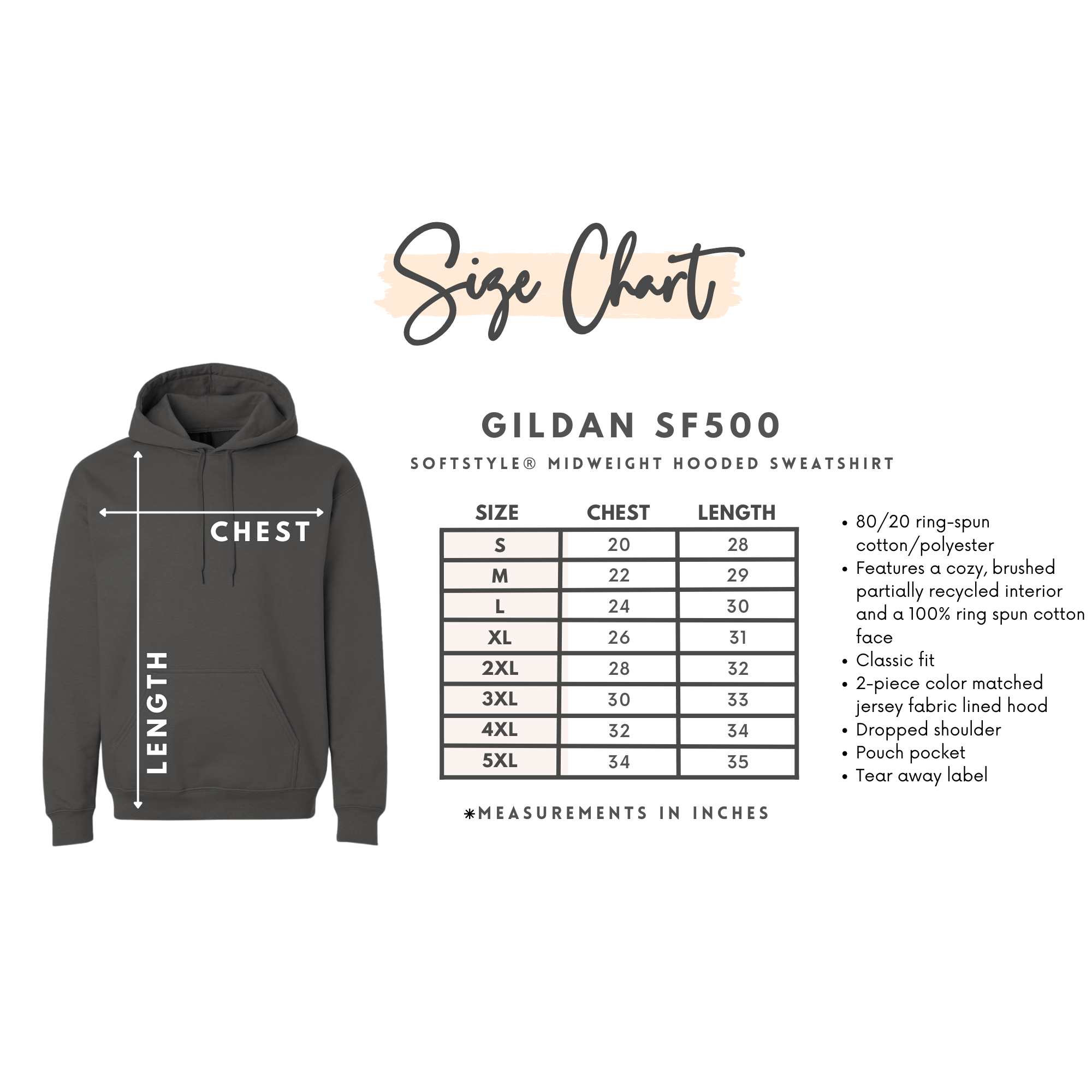 Gildan SF500 hoodie size chart on a white background.