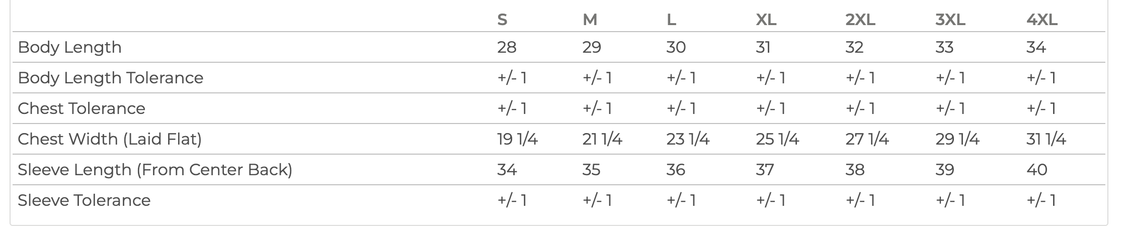 Measurement chart for clothing sizes with dimensions and tolerances.