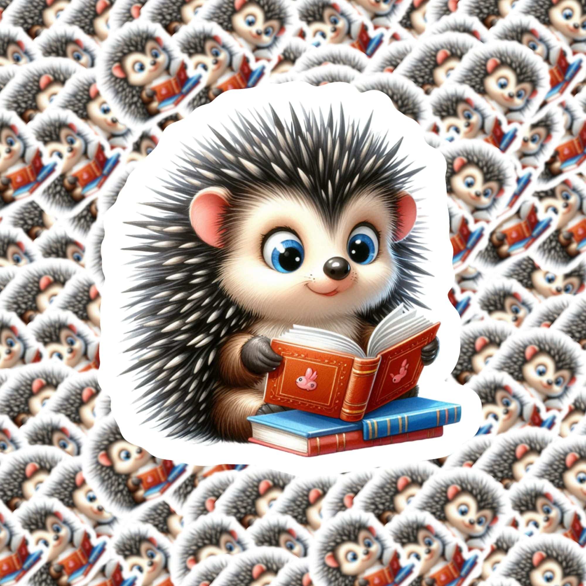 A sticker of a cute hedgehog reading a book.