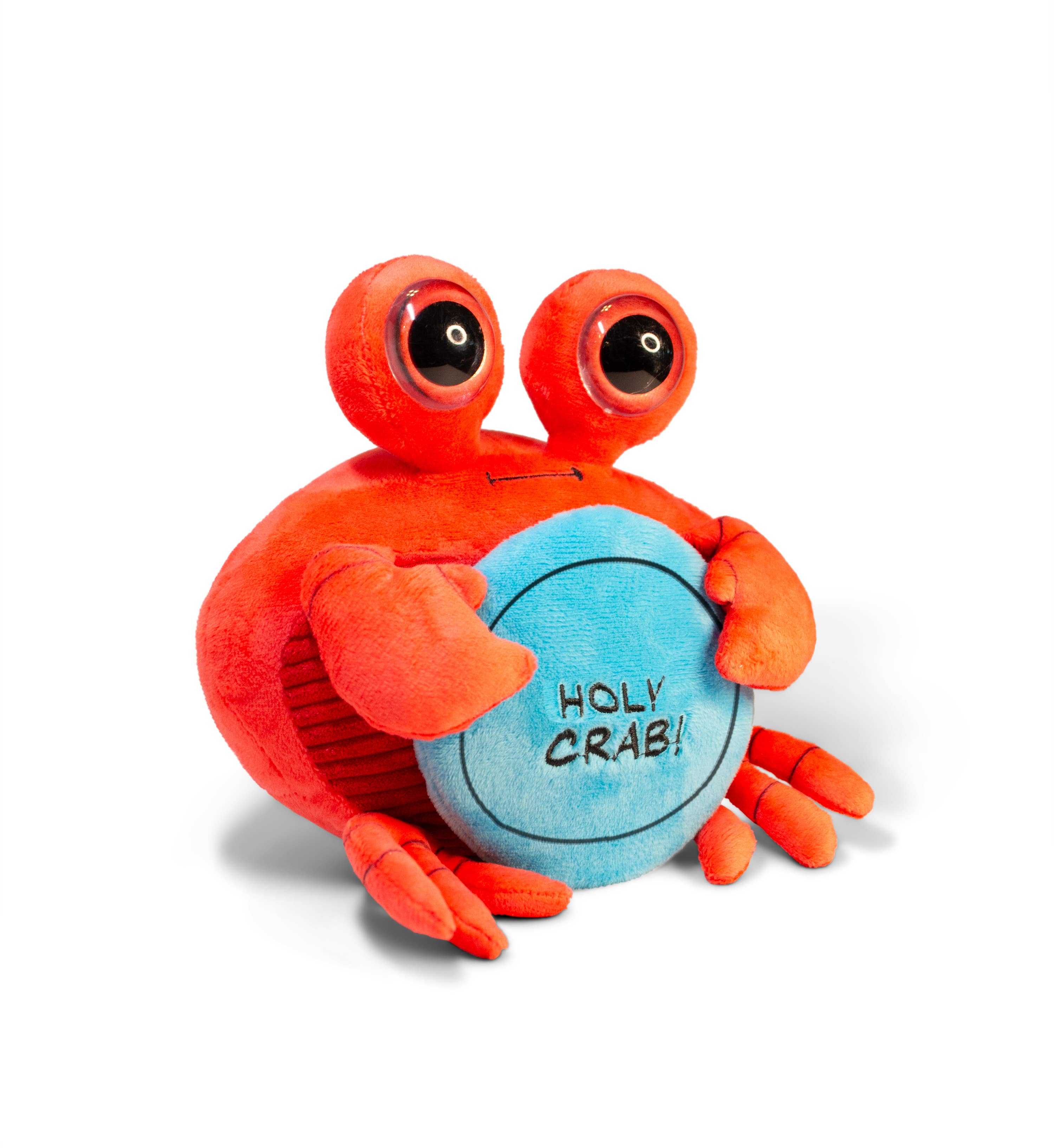 A plush crab with cute claws, 3D eyes, and a thick, huggable body. It holds a bright blue sign displaying a punny message. The crab has an expressive and humorous design, making it a fun gift for a friend.