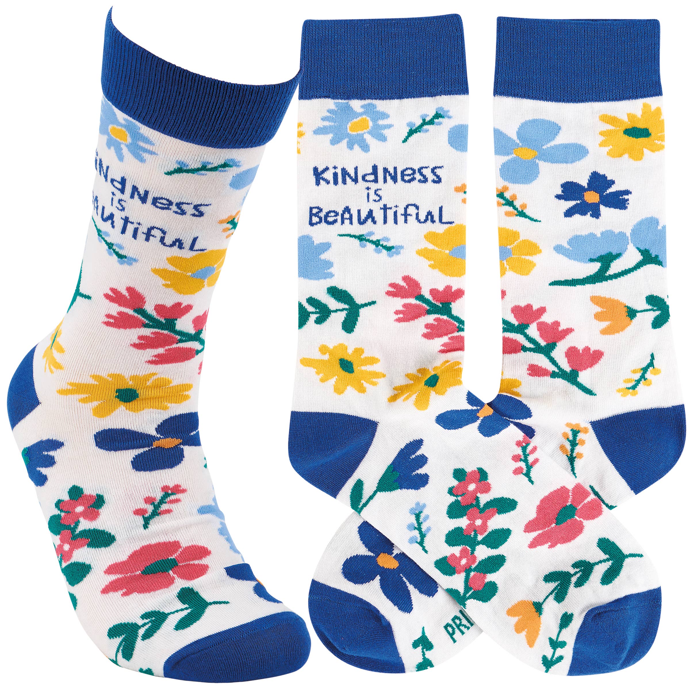 Pair of socks with colorful flowers that say "Kindness is beautiful" in blue text.