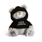 Grey teddy bear wearing a black sweater with ears sticking out the top. The sweater features white capitalized text that reads 'LEAVE ME ALONE, I'M INTROVERTING'