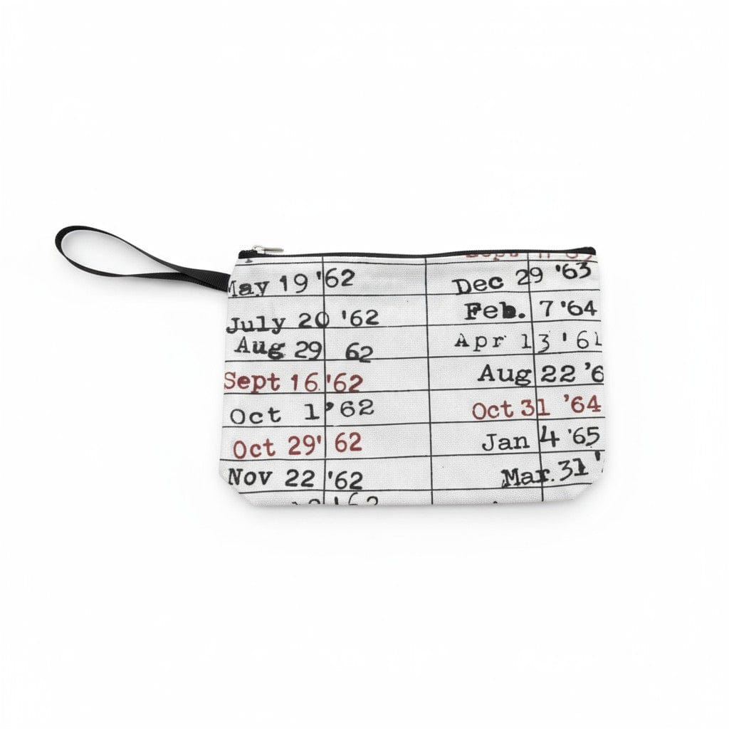 Library Due Date Card Canvas Pouch for book lovers — cream canvas bag with vintage library design, ideal for pens, pencils, or makeup