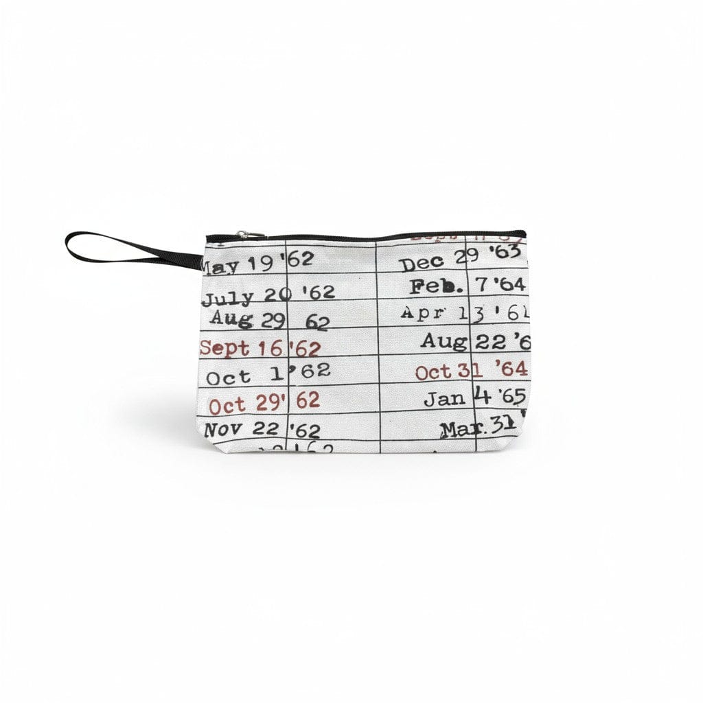 Library Due Date Card Canvas Pouch for book lovers — cream canvas bag with vintage library design, ideal for pens, pencils, or makeup