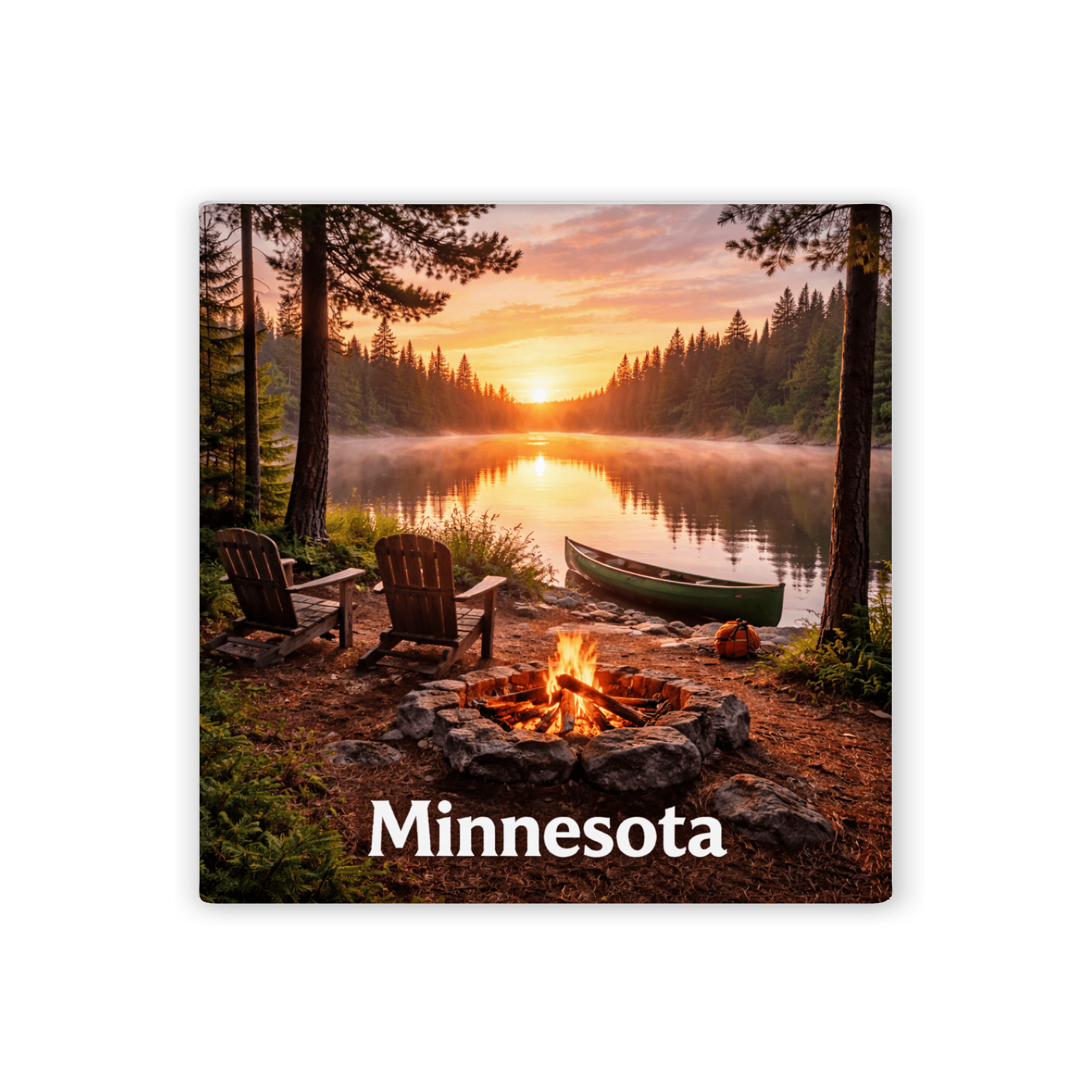 Scenic view of a lake with a campfire and chairs, labeled 'Minnesota'.