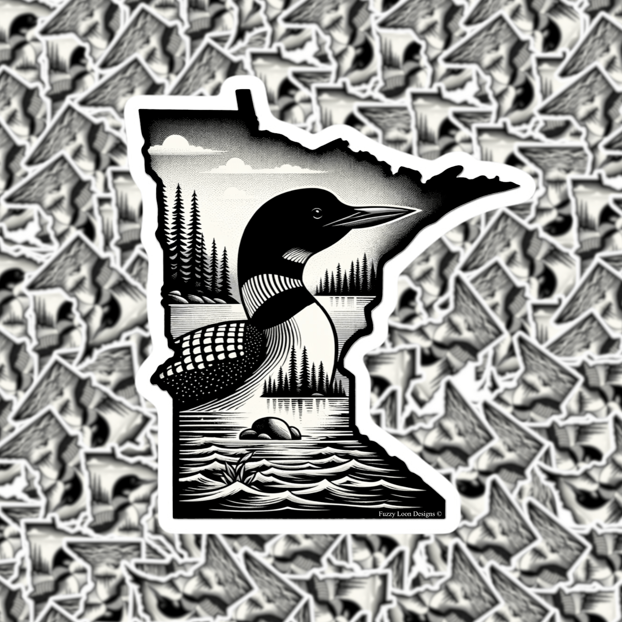 A black and white sticker featuring an illustration of a loon bird over a silhouette of Minnesota state.