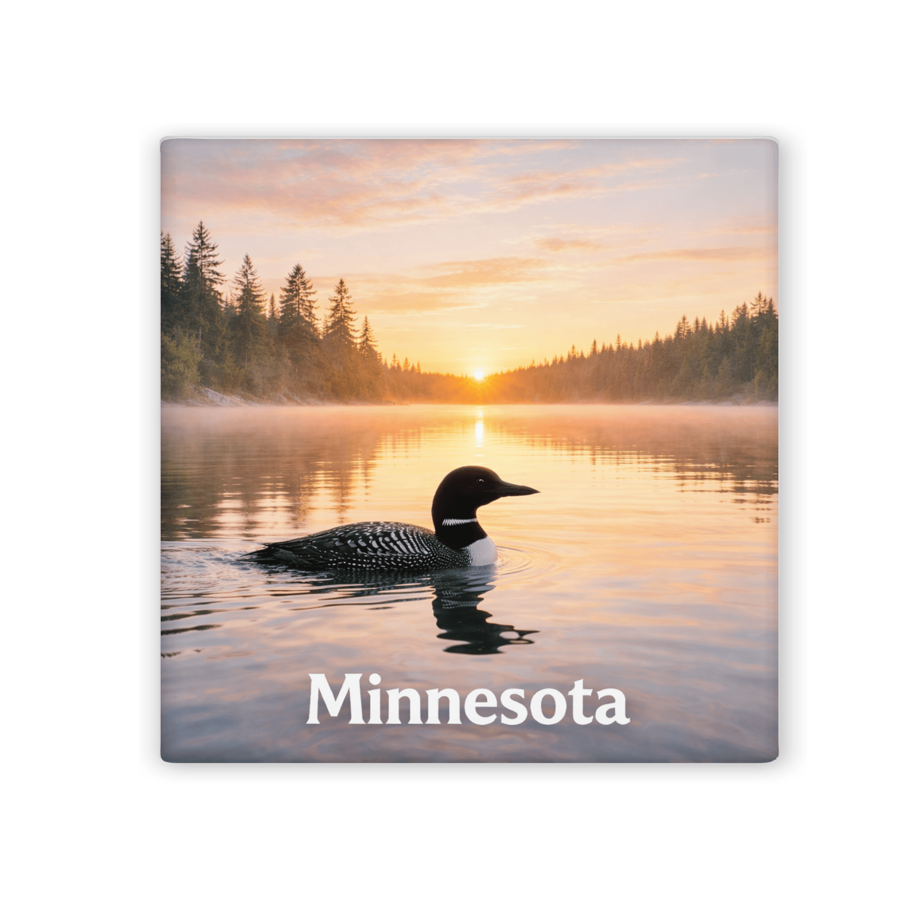 Minnesota-themed product with loon on water and sunset over trees