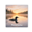Minnesota-themed product with loon on water and sunset over trees