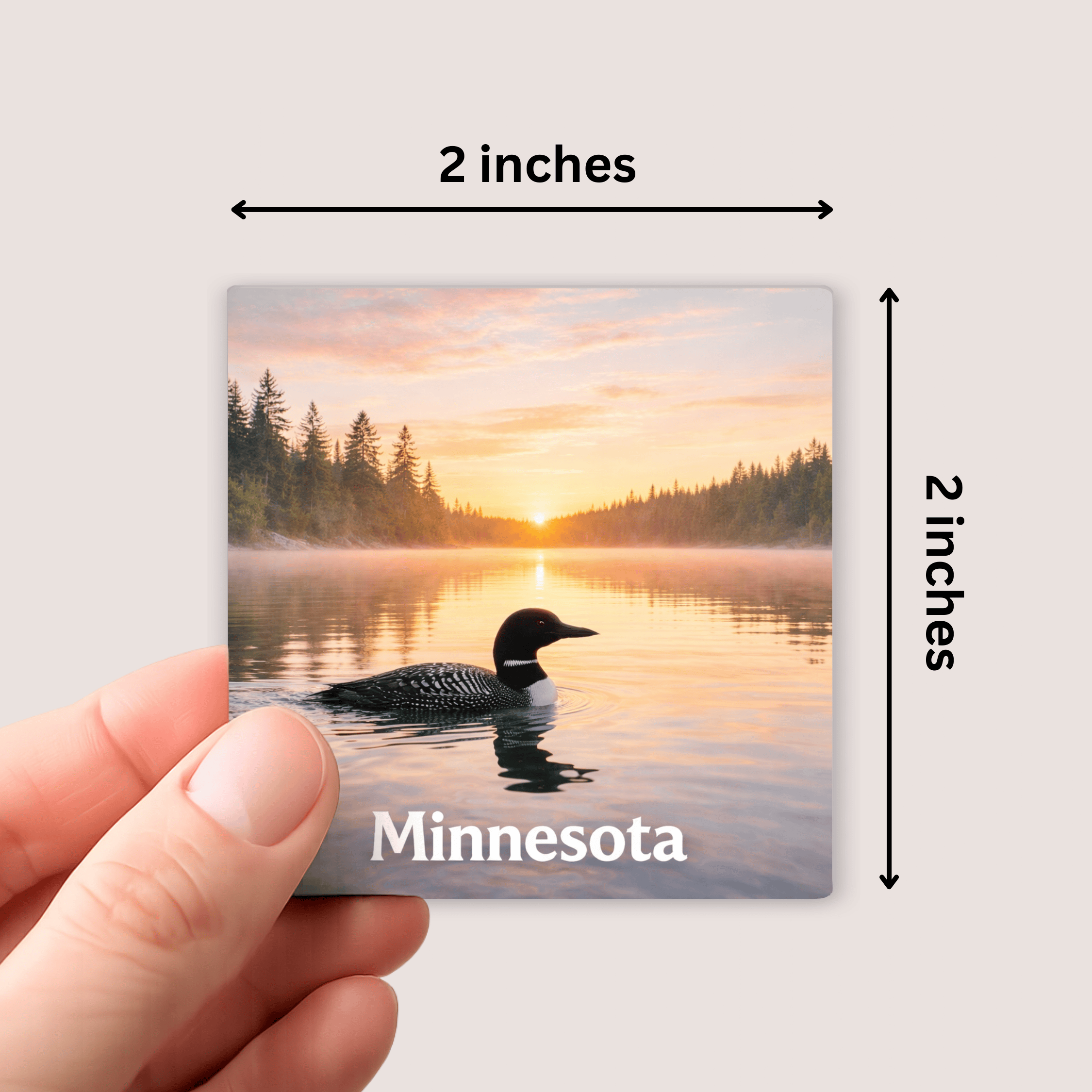 Fridge magnet with a scenic image of a lake and trees, held by a hand, with dimensions indicated.