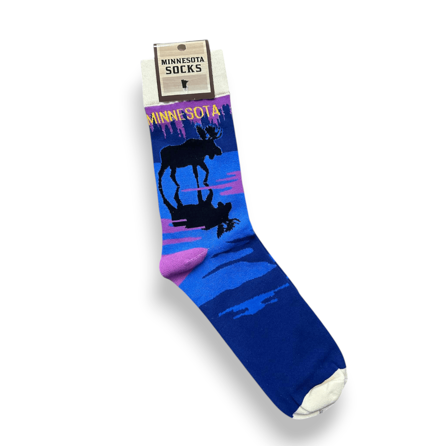 Blue sock with a moose walking design