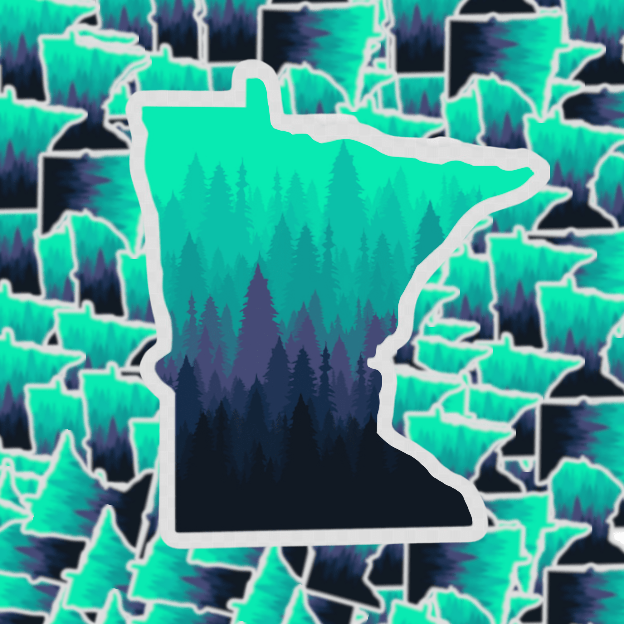 A transparent ombre sticker with a Minnesota state shape, featuring a floral pattern in shades of green and blue.