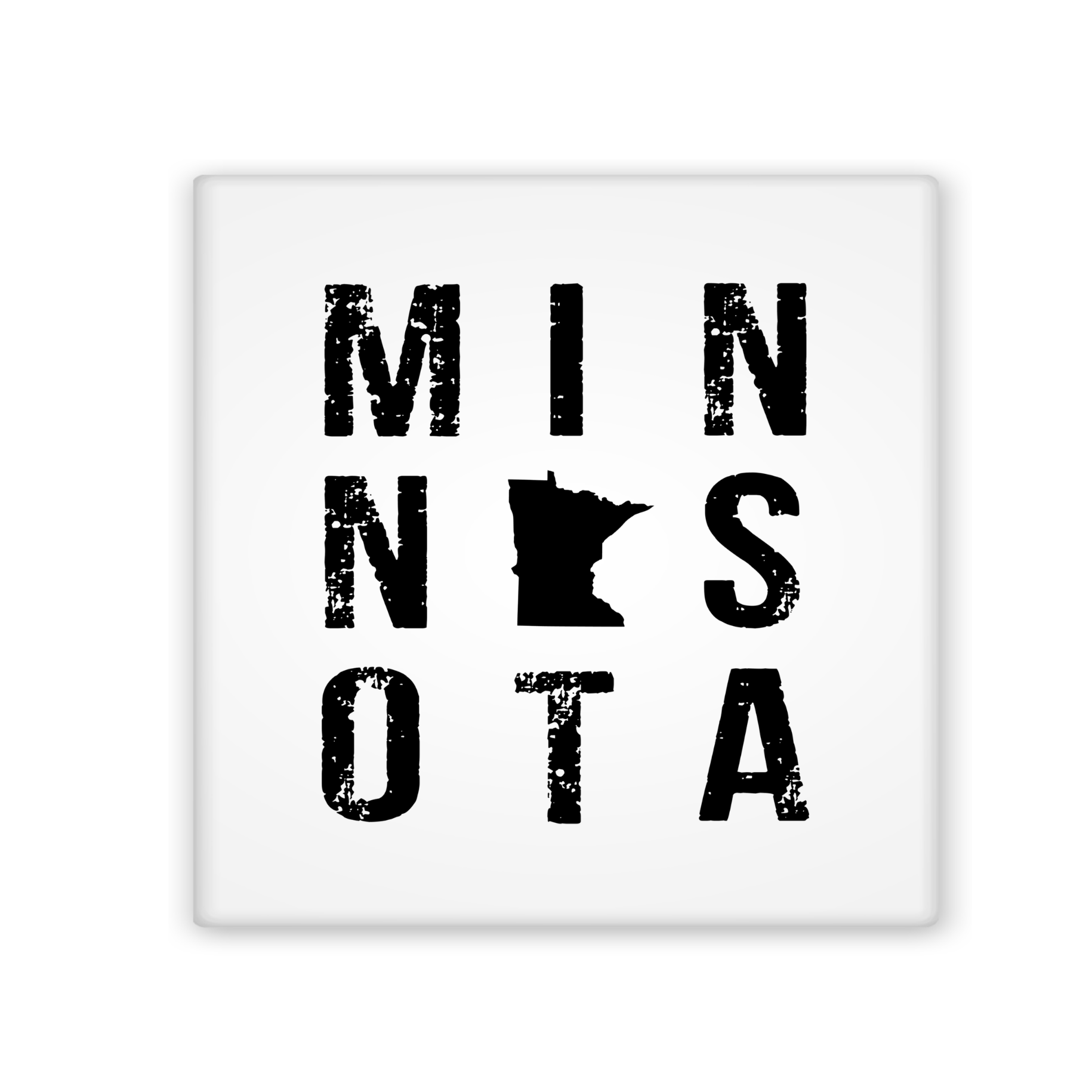 Minnesota Spelled out in a square design with the shape of minnesota as the E