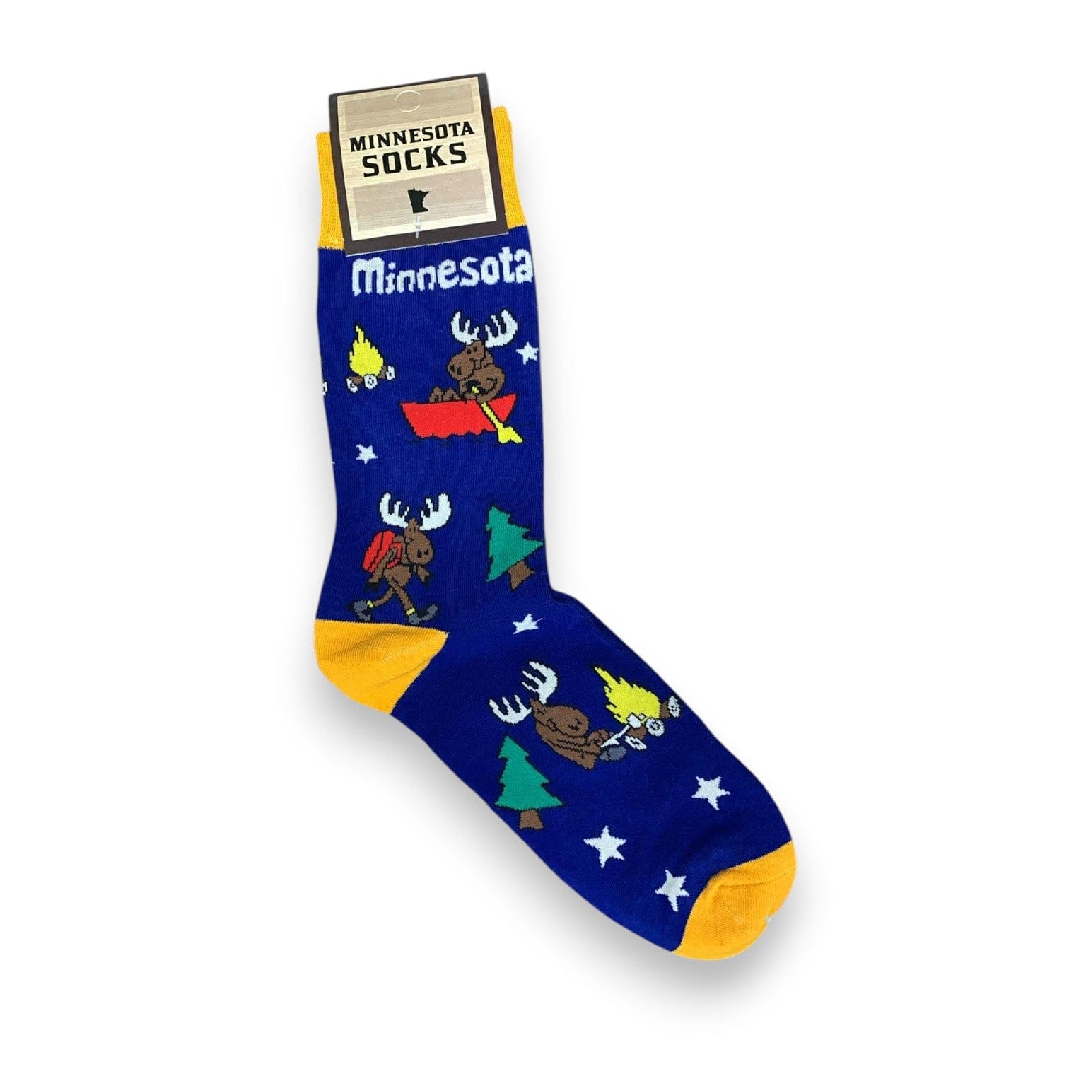 Blue sock with Minnesota-themed design and 'Minnesota Socks' packaging on a white background. Designs show a cute moose hiking, canoeing, and having a campfire.