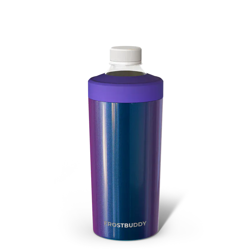 A tall Frost Buddy insulated bottle with a shimmering, metallic gradient finish that transitions from deep purple at the top to teal at the bottom. It features a solid purple rim and a white twist-off cap, shown against a transparent background.