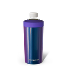A tall Frost Buddy insulated bottle with a shimmering, metallic gradient finish that transitions from deep purple at the top to teal at the bottom. It features a solid purple rim and a white twist-off cap, shown against a transparent background.