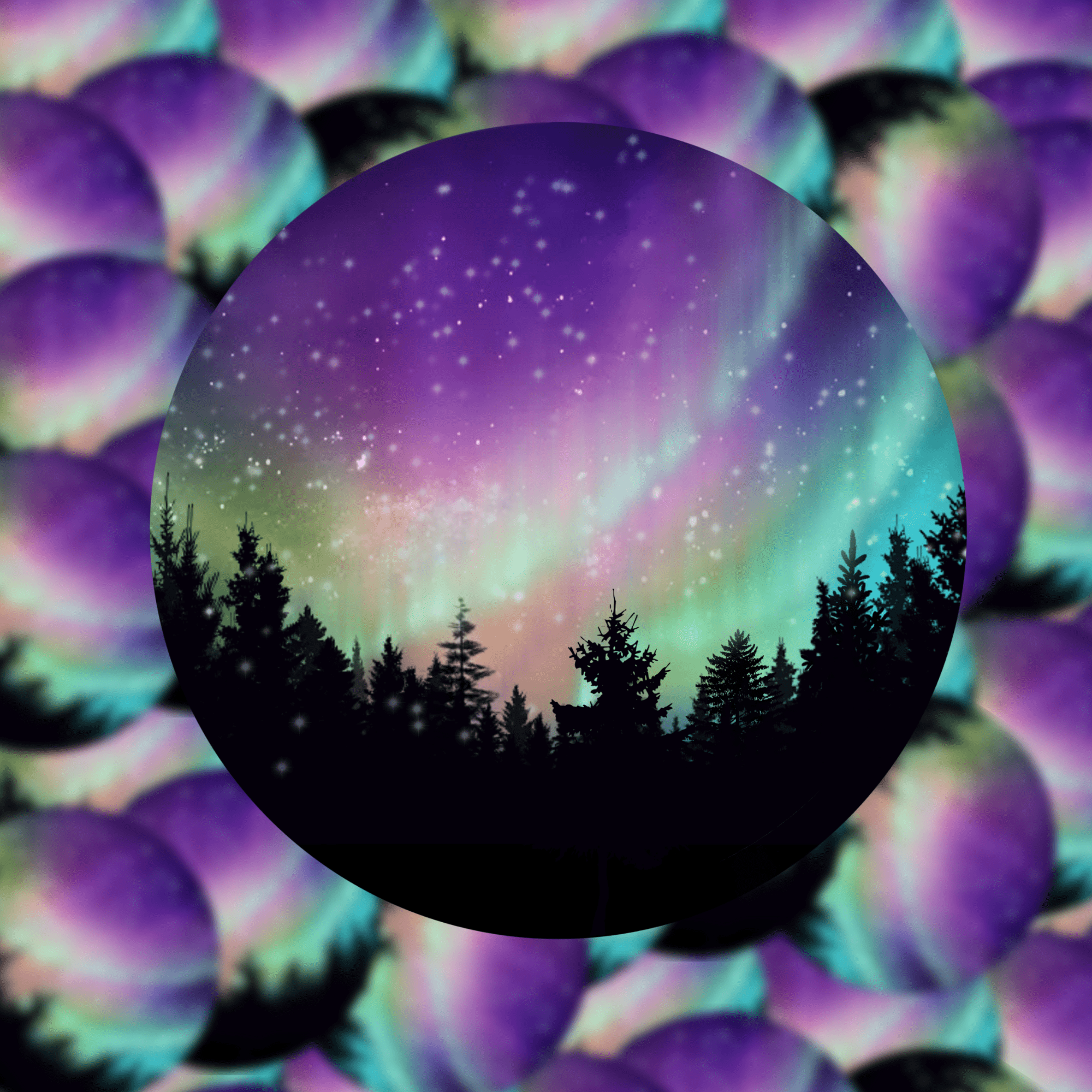 A round sticker with an image of the northern lights over a forest silhouette.