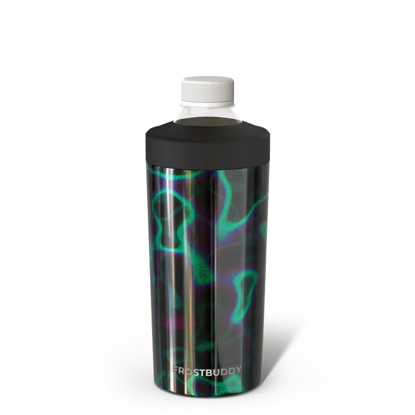 A Frost Buddy insulated can cooler featuring a vibrant 'Northern Lights' design with swirling neon green, purple, and blue wavy lines on a dark background. It is shown with a white twist-off top against a transparent background.