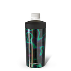 A Frost Buddy insulated can cooler featuring a vibrant 'Northern Lights' design with swirling neon green, purple, and blue wavy lines on a dark background. It is shown with a white twist-off top against a transparent background.