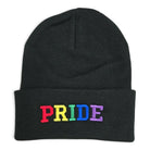 PRIDE Beanie in black with rainbow embroidered lettering