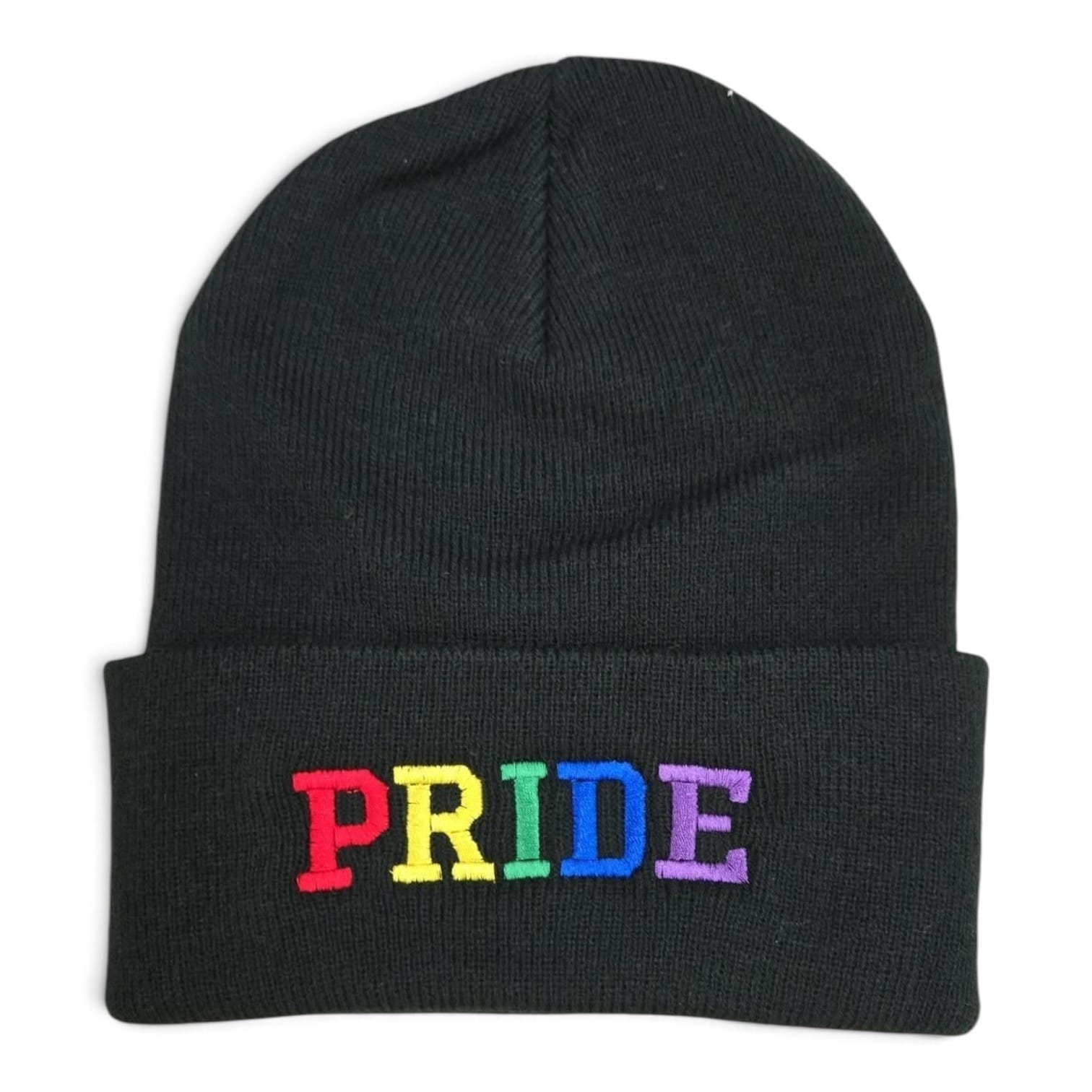 PRIDE Beanie in black with rainbow embroidered lettering