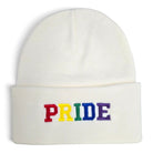 PRIDE Beanie in white with rainbow embroidered lettering