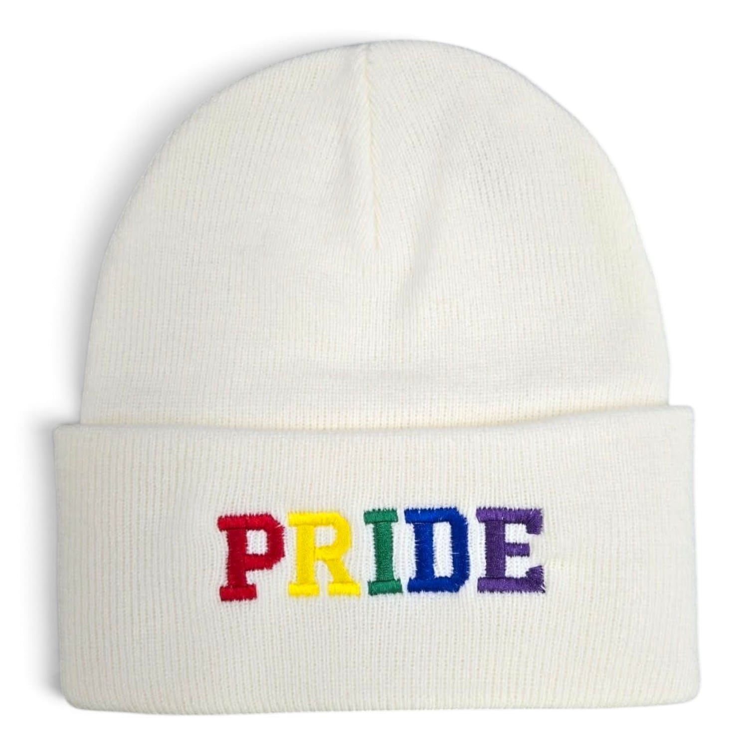 PRIDE Beanie in white with rainbow embroidered lettering