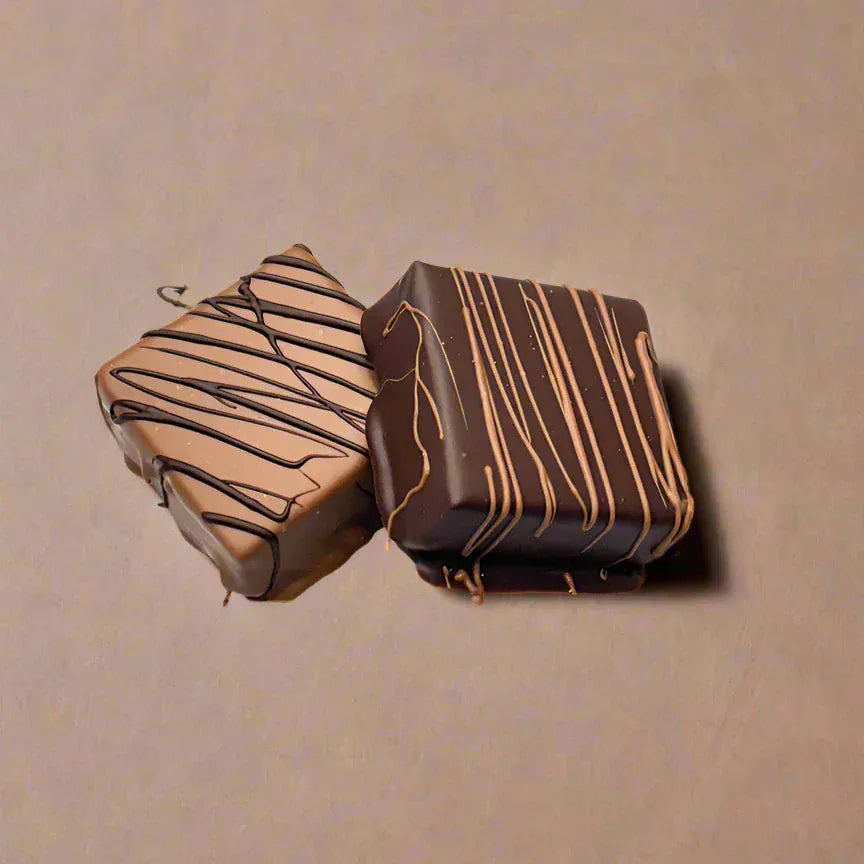 Two square gourmet chocolates—one milk chocolate and one dark chocolate—each topped with a decorative peanut butter drizzle, shown against a solid tan background.