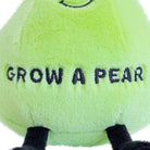 Close up of black "grow a pear" text on green pear plush