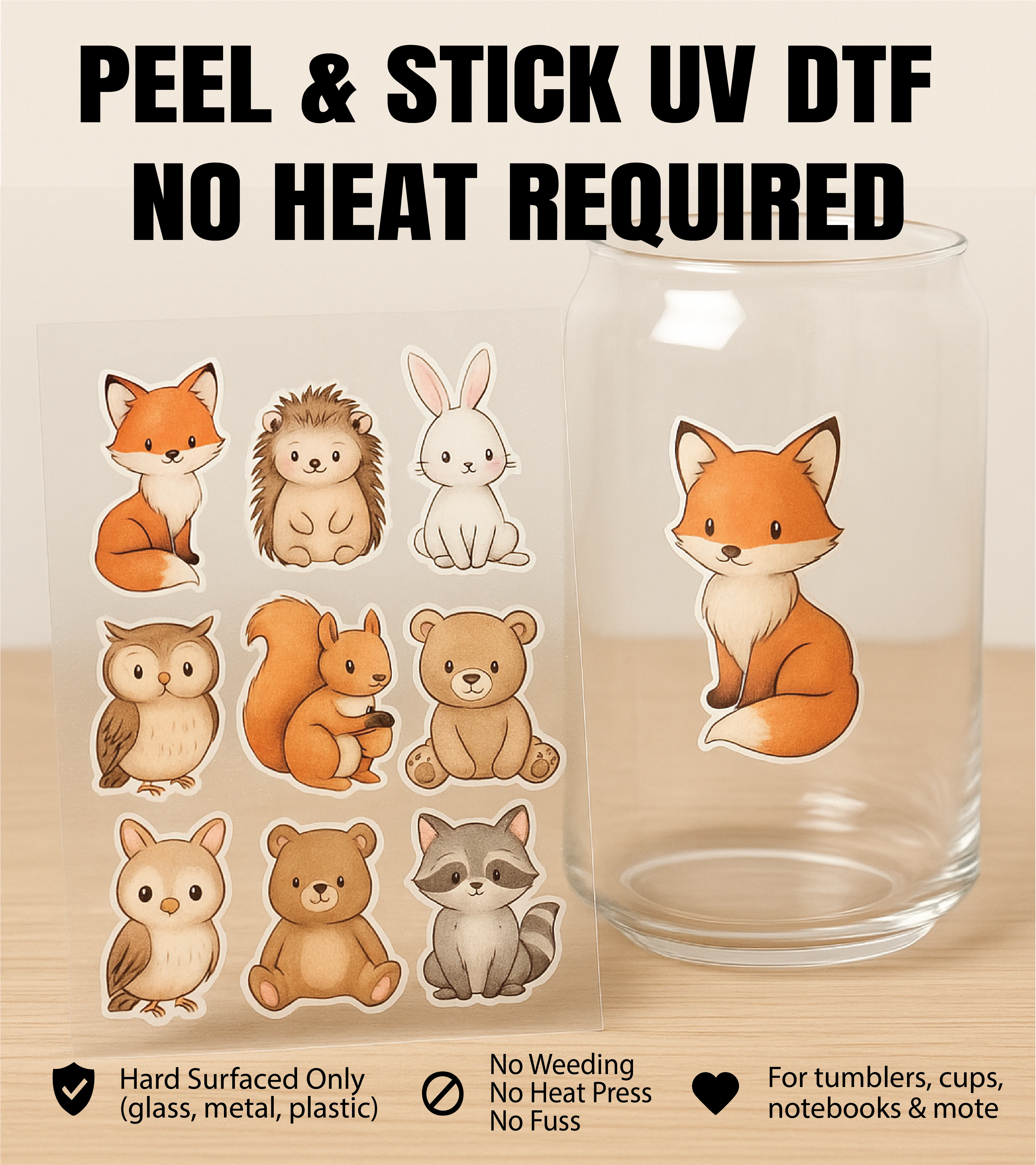 Set of animal stickers on a clear sheet with text indicating no heat required for application.