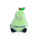 A green pear plushie with a smiley face, brown stem, and a green leaf on top. The front features black text that says "Grow a pear" and the plush has black legs sticking out.