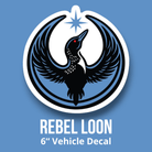 Rebel Loon Designed Sticker. Image of a Loon with its wings in a circle shape rising up toward a star. Image is for a 6” car decal sticker 