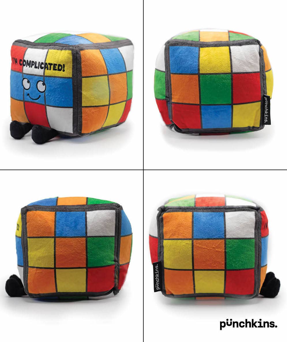 Four pictures of each side of a a rainbow puzzle cube plushie with a smiley face and black text that says "I'm complicated." The plushie has black legs sticking out.