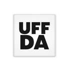 A square white coaster or tile featuring the text 'UFF DA' in bold black capital letters, centered on a plain white background.