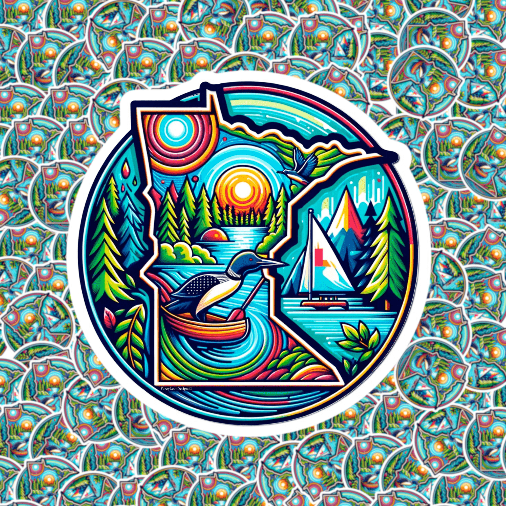 A circular sticker with a vibrant illustration of Minnesota's landscape, including a lake, trees, mountains, a sunset, and a loon bird.