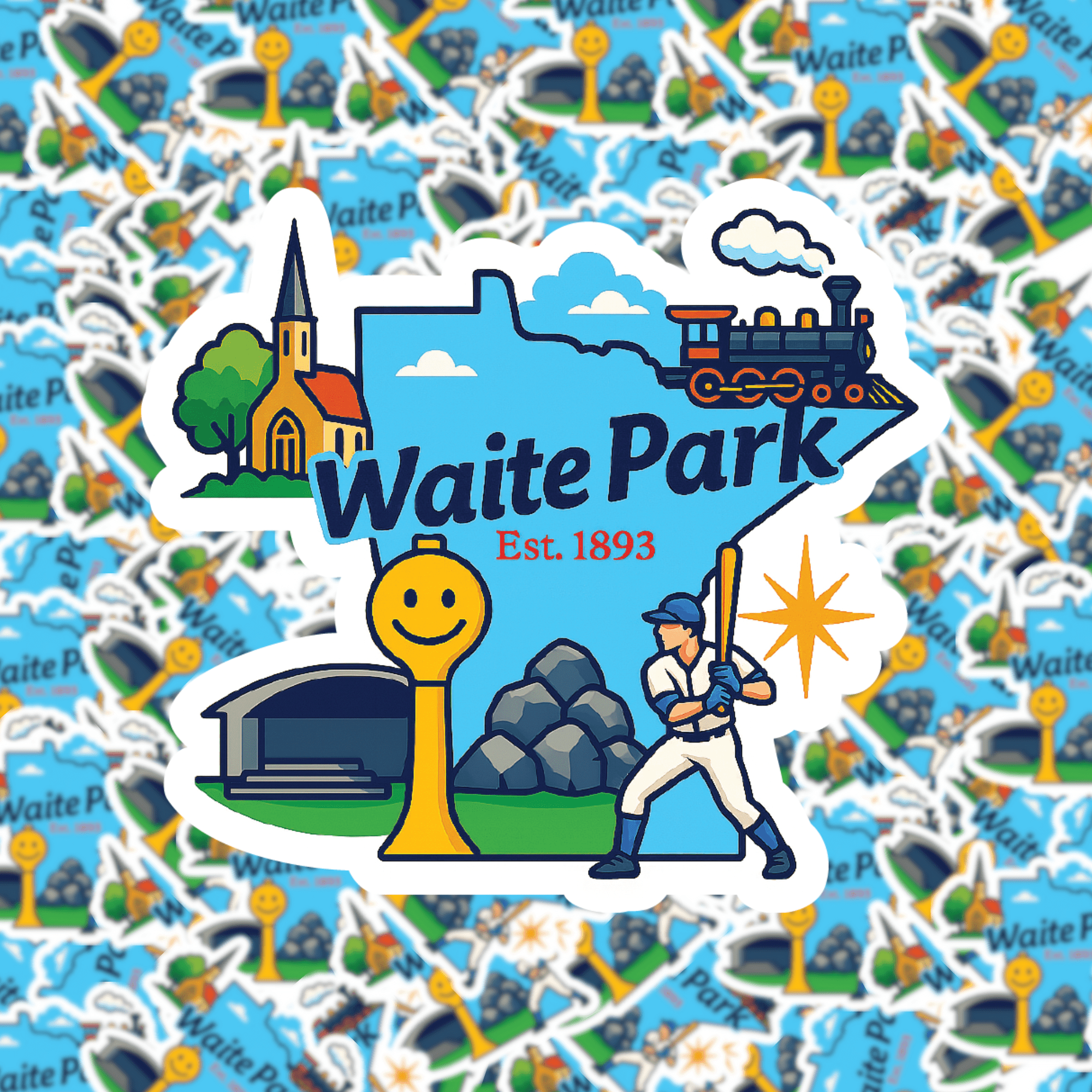 Sticker with 'Waite Park' design featuring a map, train, church, and baseball player on a blue background.