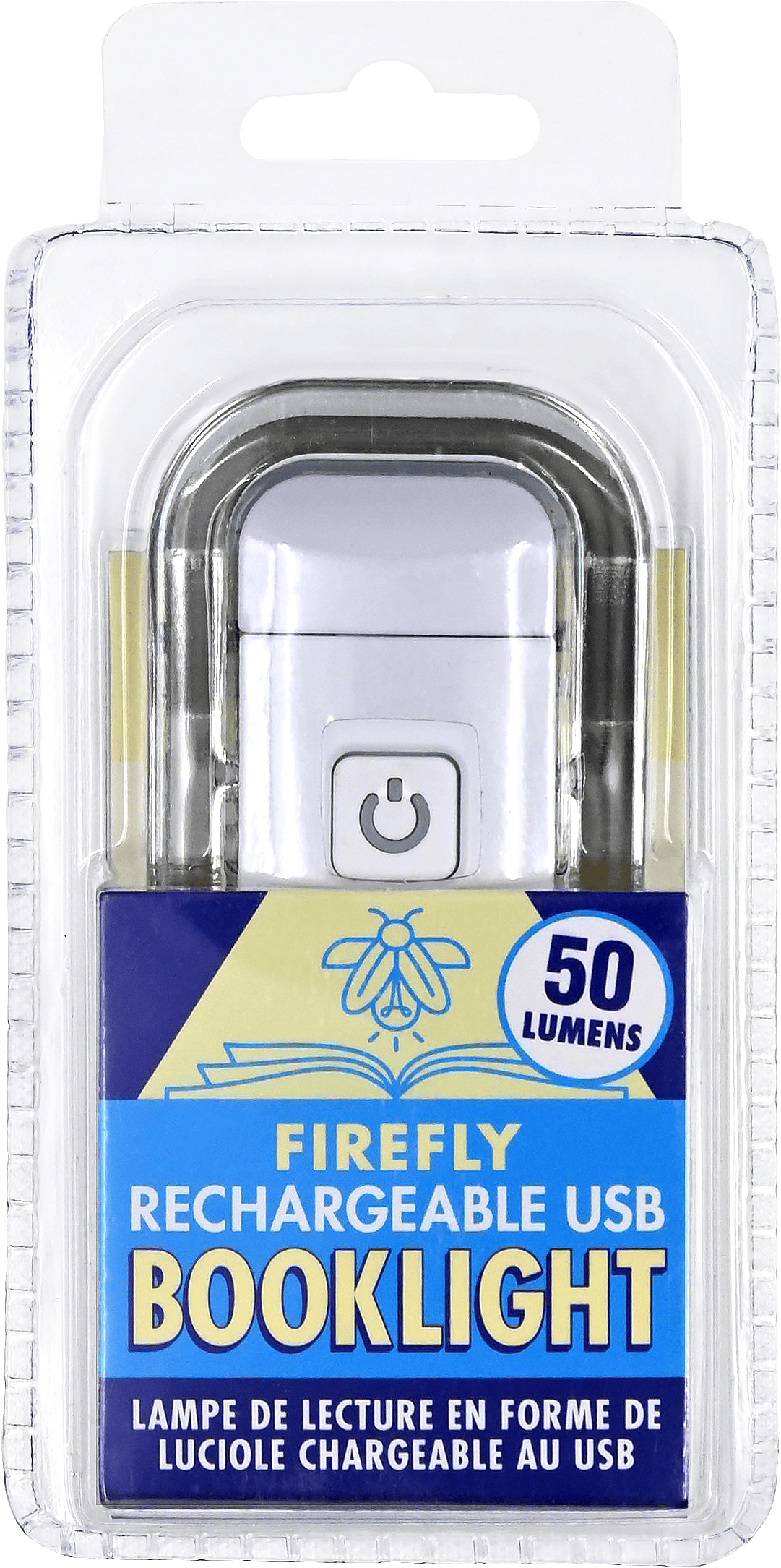 Packaging of a Firefly rechargeable USB booklight in a clear plastic box. Features a power button and "50 lumens" badge. Bold blue and yellow design.