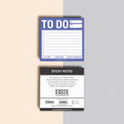 A "To Do" sticky note pad with spaces for tasks and checkboxes for completion status. Below is a packaging card with branding and product details.