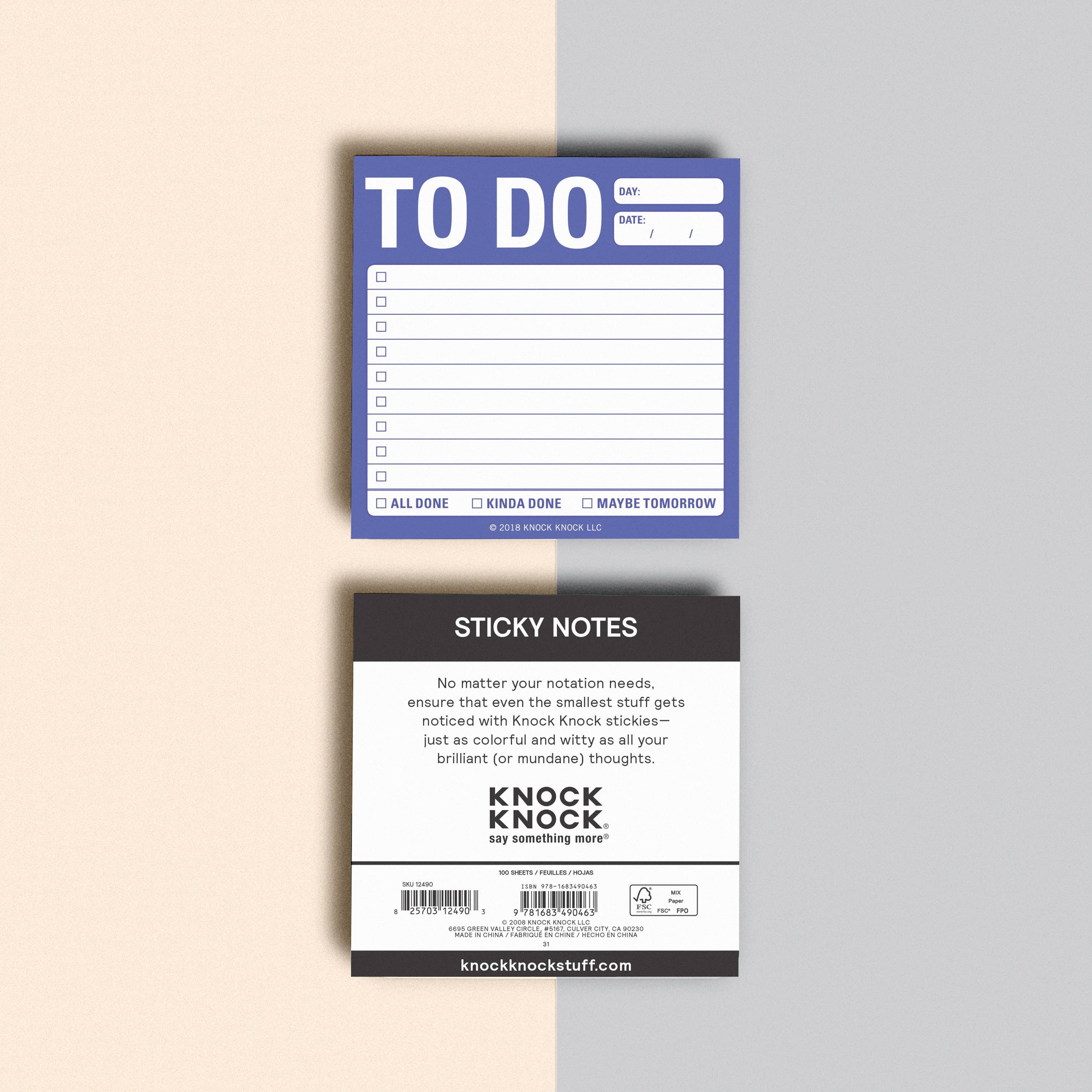 A "To Do" sticky note pad with spaces for tasks and checkboxes for completion status. Below is a packaging card with branding and product details.