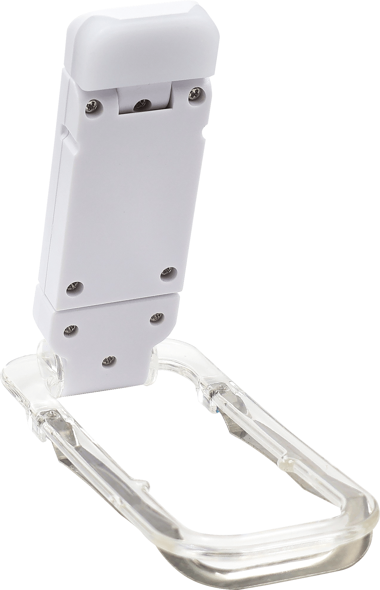 White handheld electronic device with a clear plastic base, featuring screws and a sleek design, isolated on a transparent, checkered background.