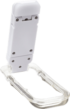 White handheld electronic device with a clear plastic base, featuring screws and a sleek design, isolated on a transparent, checkered background.