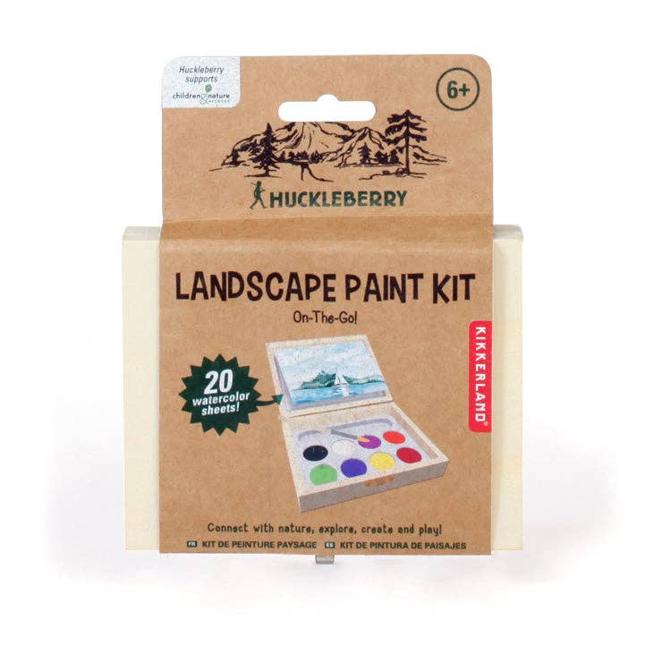 Brown packaging of Huckleberry Landscape Paint Kit for ages 6+, featuring mountain artwork, 20 watercolor sheets, and vibrant paint palette. Playful tone.