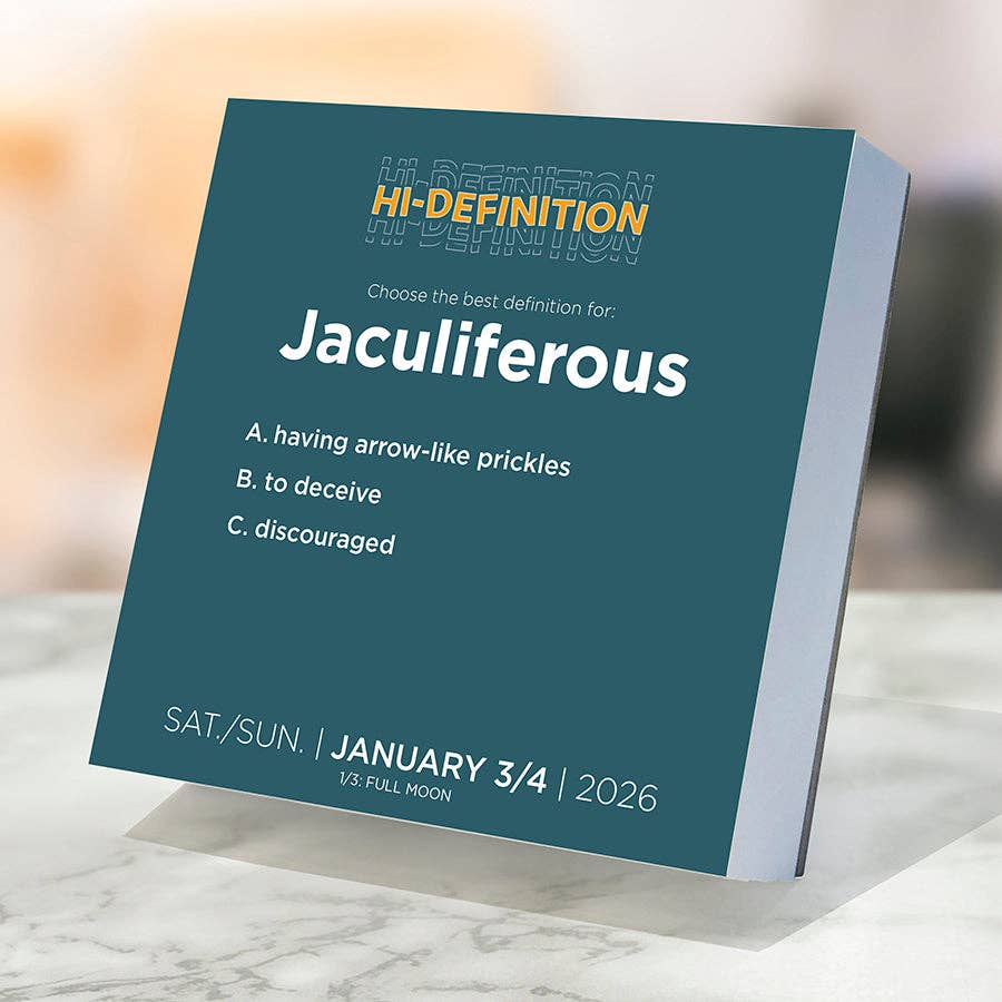 A calendar page titled "HI-DEFINITION" features the word "Jaculiferous" with three definition options: A. having arrow-like prickles, B. to deceive, C. discouraged. Dated January 3/4, 2026.