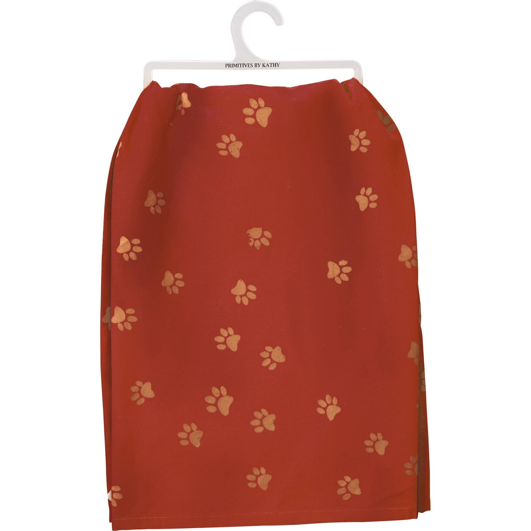 Red cloth with gold paw print pattern hanging on a white hanger. The design is playful, and the fabric appears lightweight and smooth.