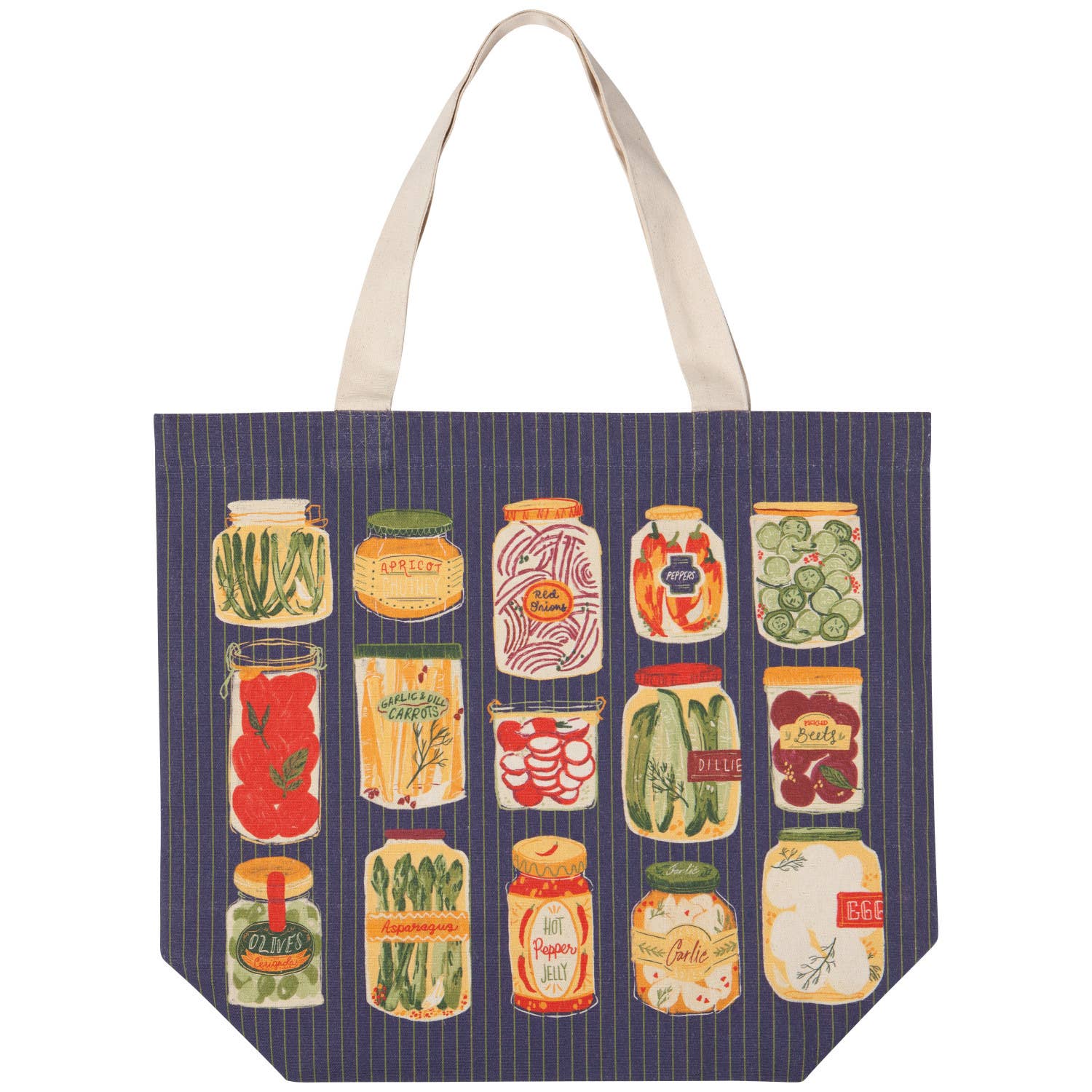 A navy blue tote bag with a pinstripe pattern and cream-colored shoulder straps, featuring a grid of vintage-style illustrated glass jars filled with various vegetables and pickles.