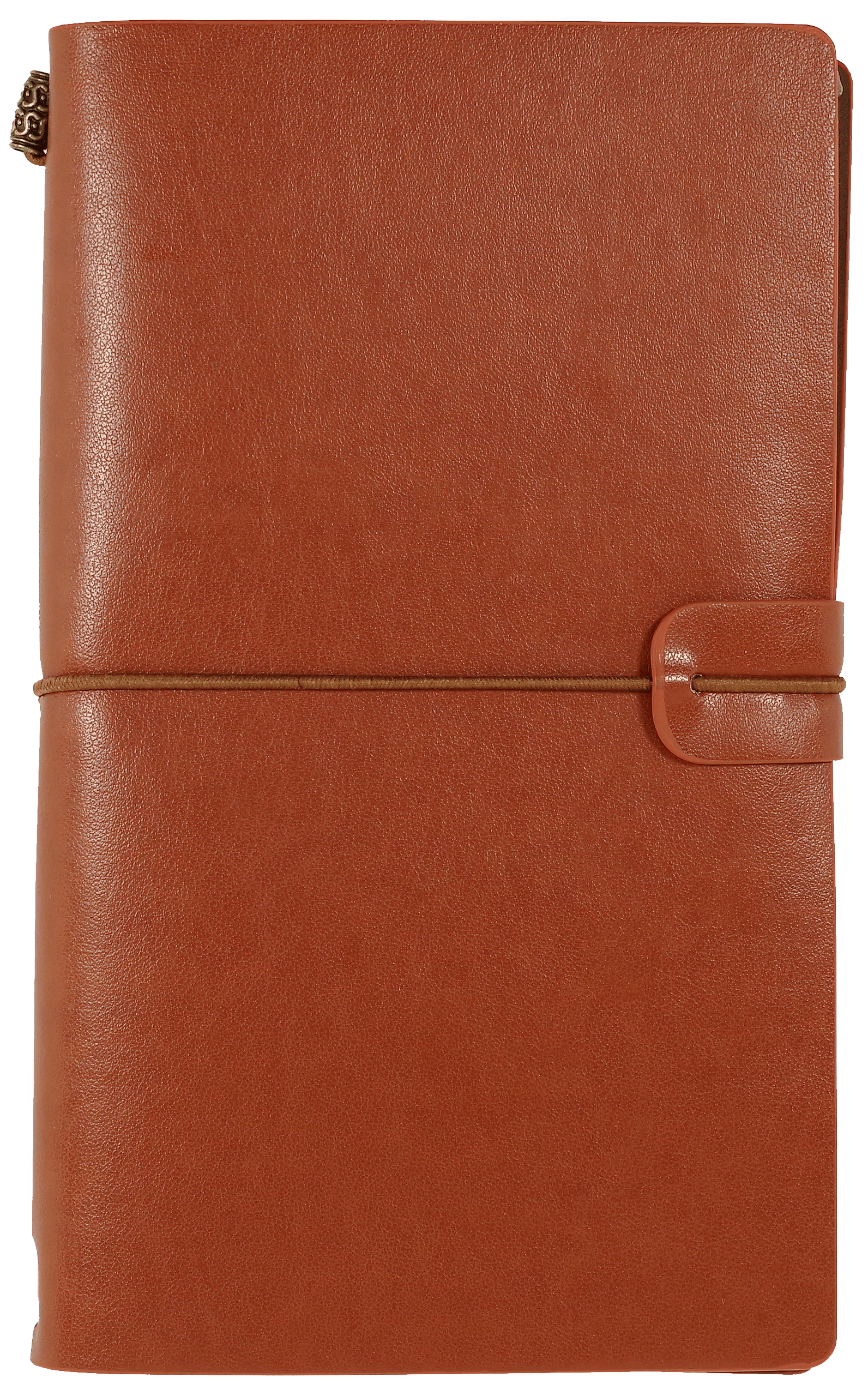 A brown leather journal with a textured cover is closed with a slim elastic band. A strap closure adds to its rustic and elegant appearance.