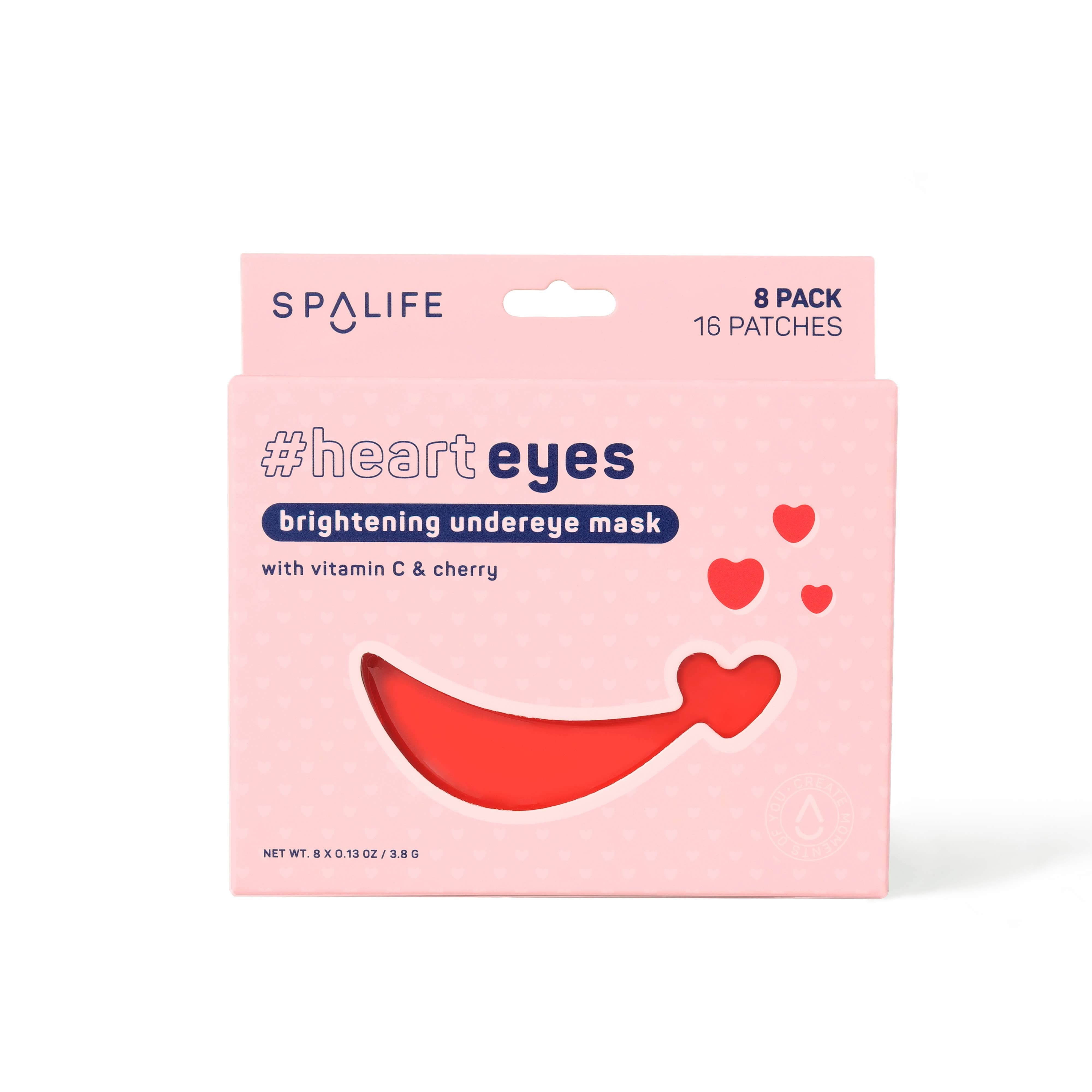 Pink packaging for a "#heart eyes" brightening undereye mask with Vitamin C and cherry. Features heart shapes and includes 16 patches.