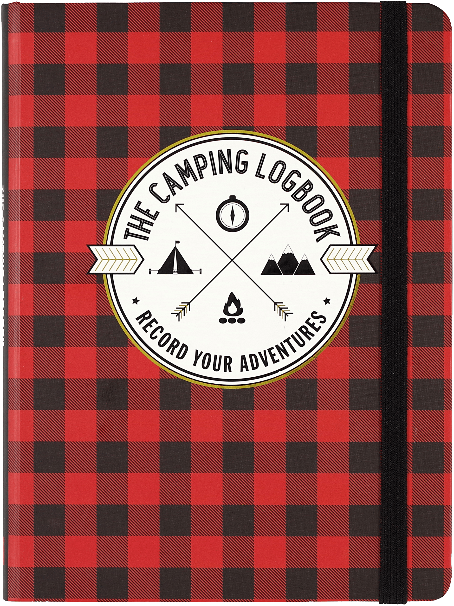 Red and black plaid notebook cover titled "The Camping Logbook: Record Your Adventures." Features icons of a compass, tent, mountains, and campfire. Rustic vibe.
