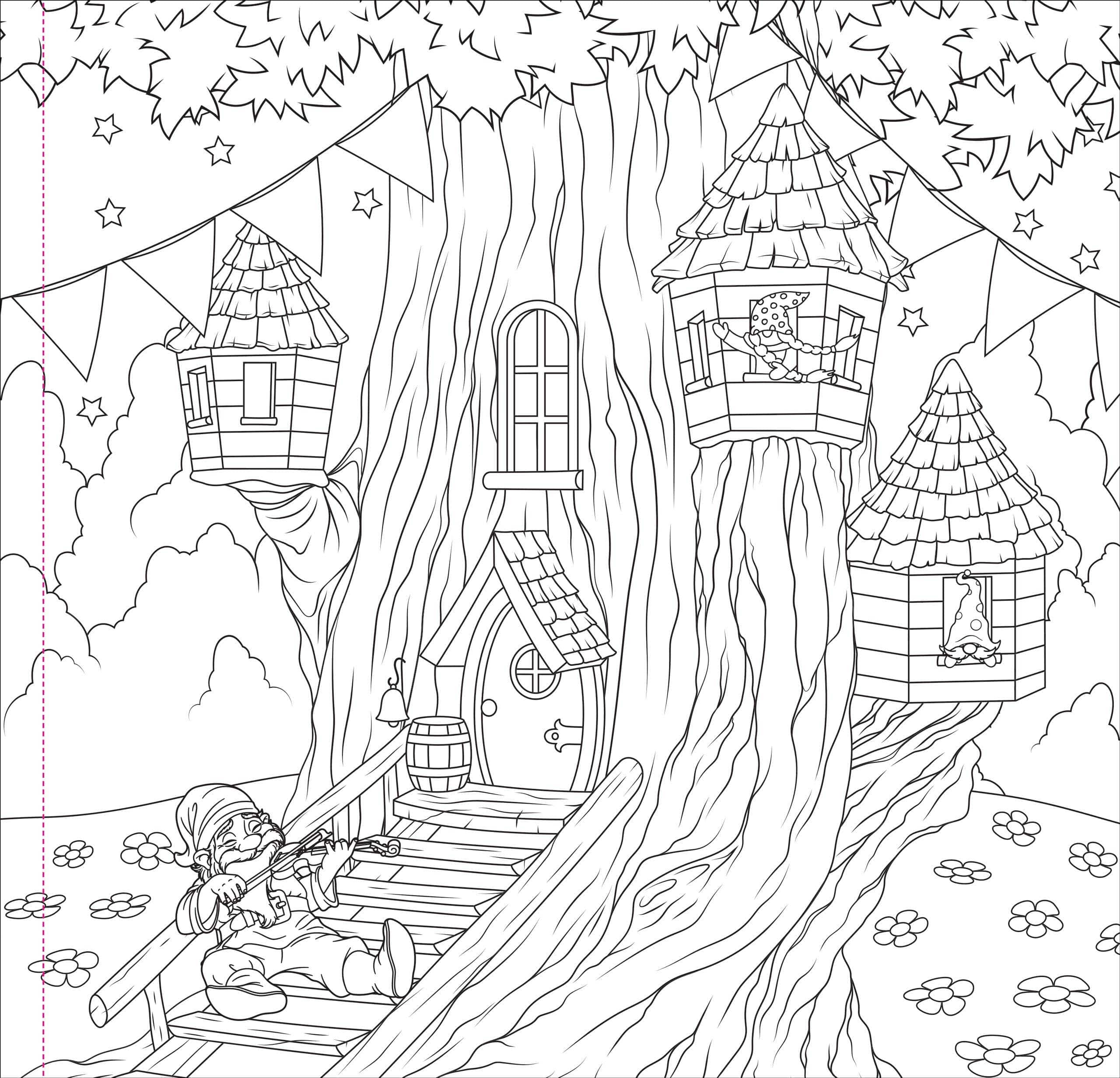 A whimsical treehouse scene with three cozy houses nestled in a large tree. A gnome plays a violin on a wooden bridge, surrounded by stars and bunting.