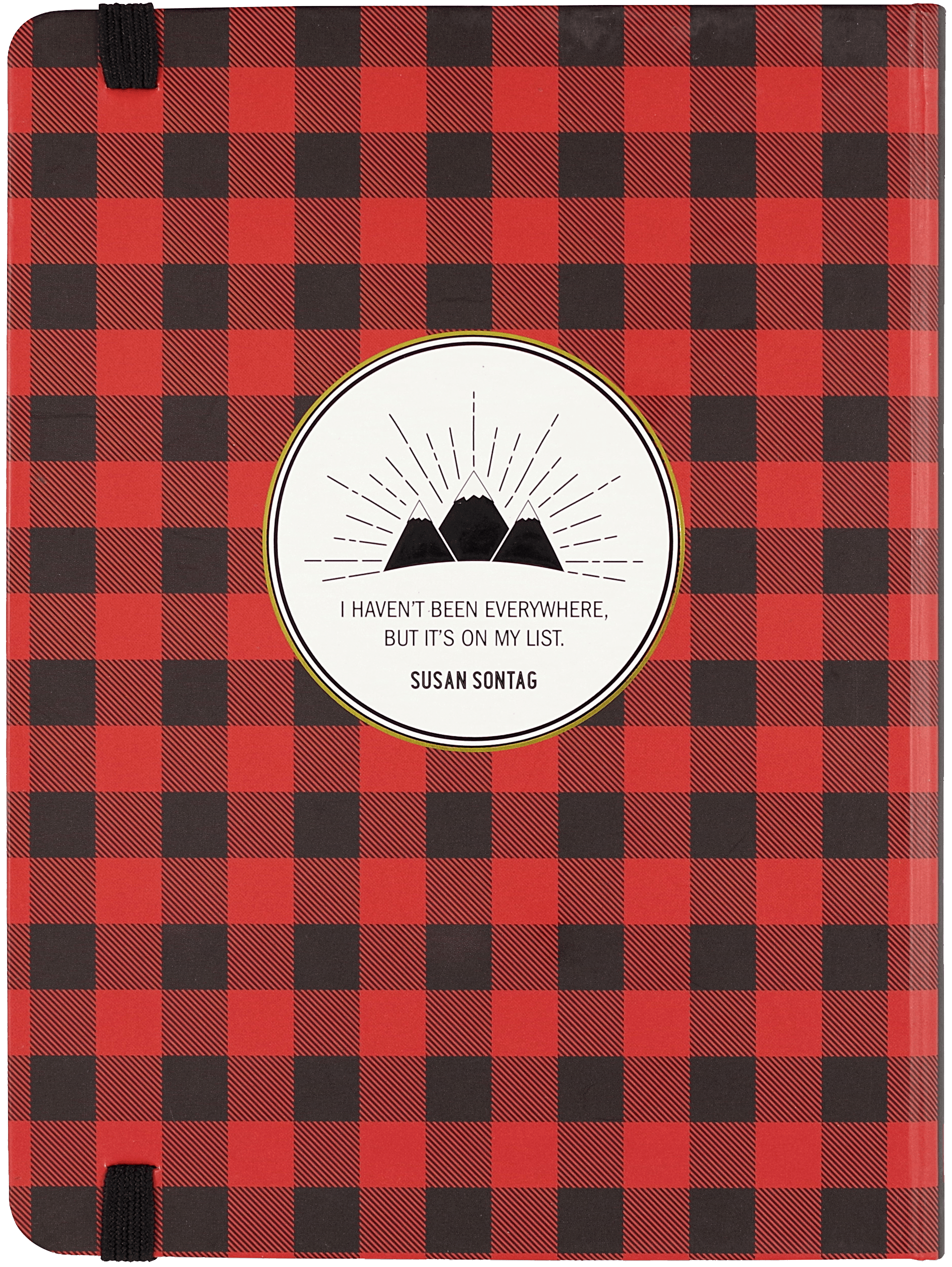 Red and black plaid notebook cover with a quote by Susan Sontag: “I haven't been everywhere, but it's on my list.” Features a circle with mountains.